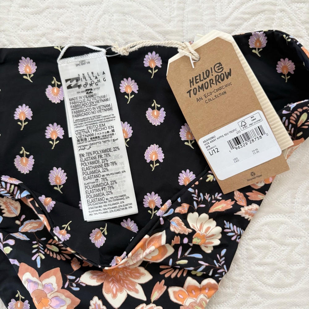 Billabong Hide Away Hippie Tropic Bikini Set, Black Peach Floral L 12 - Picture 4 of 5